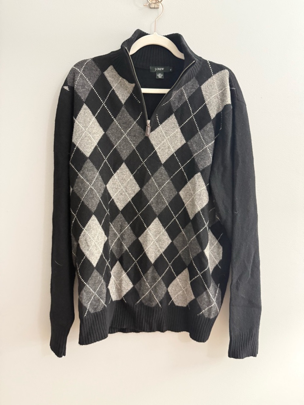 J-Crew Men's Black and Gray Argyle Half-Zip 100% Lambs Wool Sweater- XL